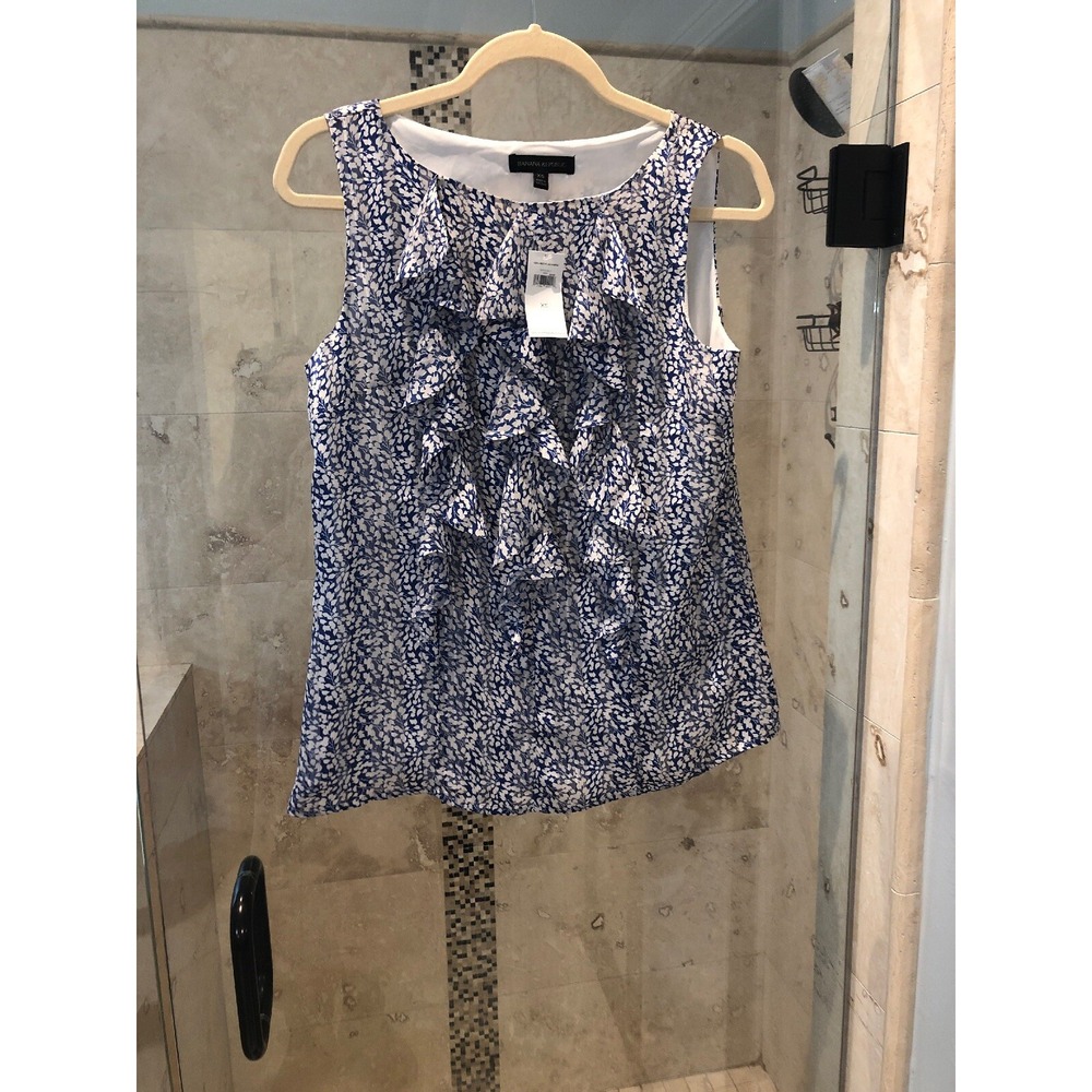 Banana Republic Batik Chiffon Ruffle Blouse Blue White XS Summer Sleeveless Top